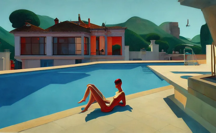 Prompt: A villa with a big pool, very coherent, painted by Edward Hopper, Wayne Barlowe, painted by James Gilleard, airbrush, art by JamesJean