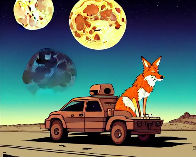 Image similar to a study of cell shaded cartoon of a mechanical coyote on a desert road, in front of a big moon illustration, wide shot, subtle colors, post grunge, concept art by josan gonzales and wlop, david rubin, mike mignola, laurie greasley, highly detailed, sharp focus, trending on artstation, hq, deviantart, art by artgem