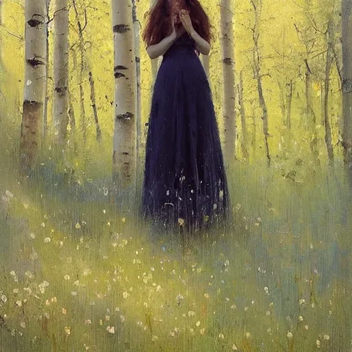 Image similar to “ woman with long hair, summer dress, standing between aspen trees in an aspen forest, style of jeremy lipking, joseph todorovitch ”