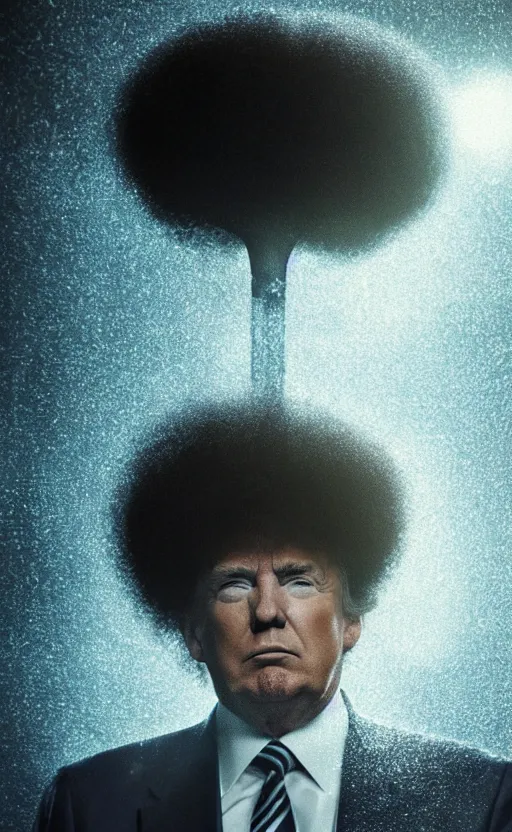 Prompt: Portrait of Donald Trump with a large afro, splash art, movie still, cinematic lighting, dramatic, octane render, long lens, shallow depth of field, bokeh, anamorphic lens flare, 8k, hyper detailed, 35mm film grain