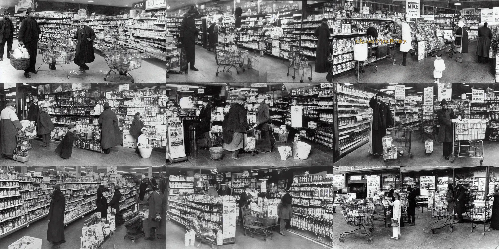 Prompt: mothman buying milk at supermarket, 1900’s photo