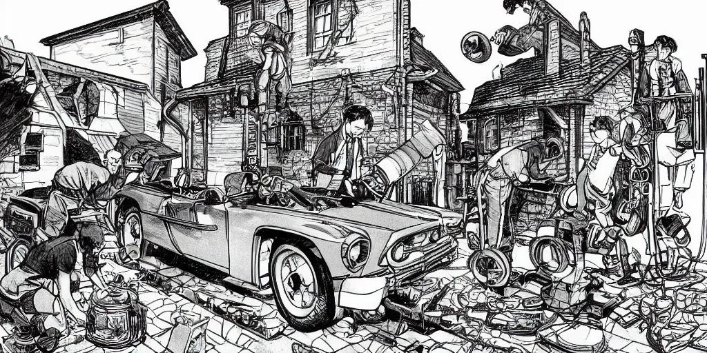 Image similar to A retro illustration of a group of gargoyle mechanics fixing a car at a suburban home driveway, by studio ghibli, alariko, moebius