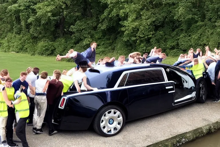 Image similar to Group of teenagers push Rolls-Royce into lake from small slide