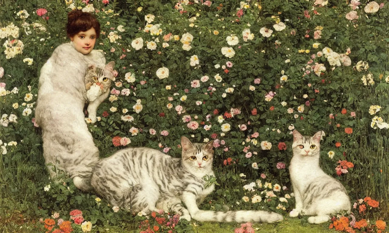 Prompt: a portrait of a cat sitting in the garden surrounded by flowers and plants, painting by Lawrence Alma-Tadema, children's book illustration