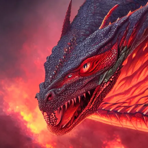 Image similar to head of red fire breathing dragon, reptilian eyes, hyperrealism, 8k, concept art, high fantasy, smoky background by Johannes Voss