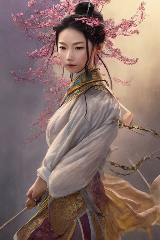 Image similar to portrait wuxia sword dance Girl, ancient chinease costume, in forbidden City Rainning, flowers sea everywhere, ssci-fi, fantasy, intricate, very very beautiful, elegant, highly detailed, digital painting, artstation, concept art, smooth, sharp focus, illustration, art by tian zi and WLOP and alphonse mucha