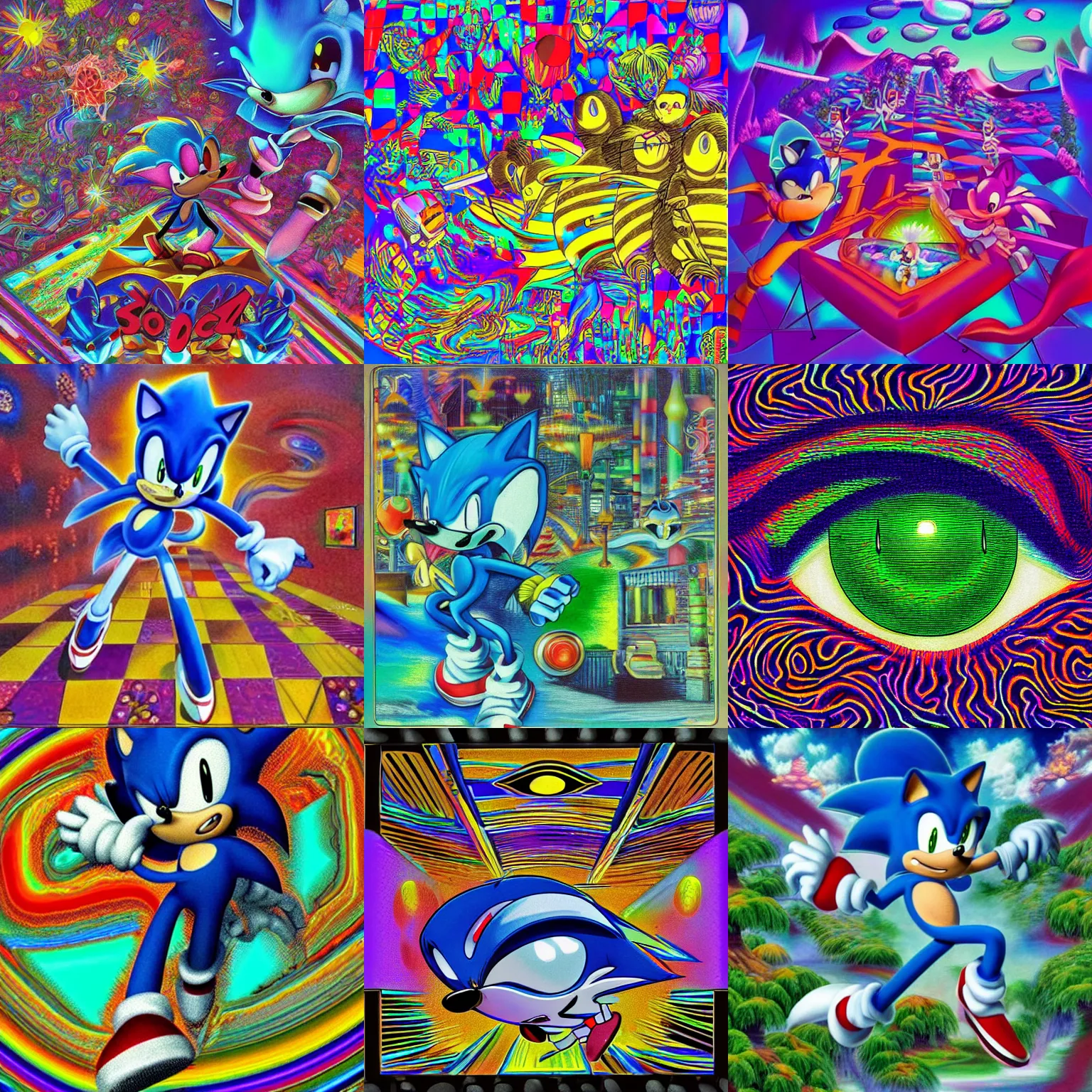Prompt: too many surreal, sharp, soft pastels, detailed professional, high quality airbrush art mgmt album cover of a sonic liquid dissolving airbrush art lsd open eye visuals dmt sonic the hedgehog channel surfing through cyberspace, iridescent checkerboard background, 1 9 9 0 s 1 9 9 2 sega genesis sonic video game album cover