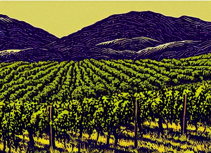 Image similar to linocut vineyard landscape by greg rutkowski, fine details, highly detailed