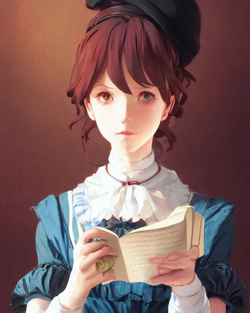 Image similar to a portrait of a victorian maid, victorian reading room, vivid colors, soft lighting, atmospheric, cinematic, moody, in the style of Ilya Kuvshinov and Range Murata, Krenz Cushart, oil on canvas, anime, 8K