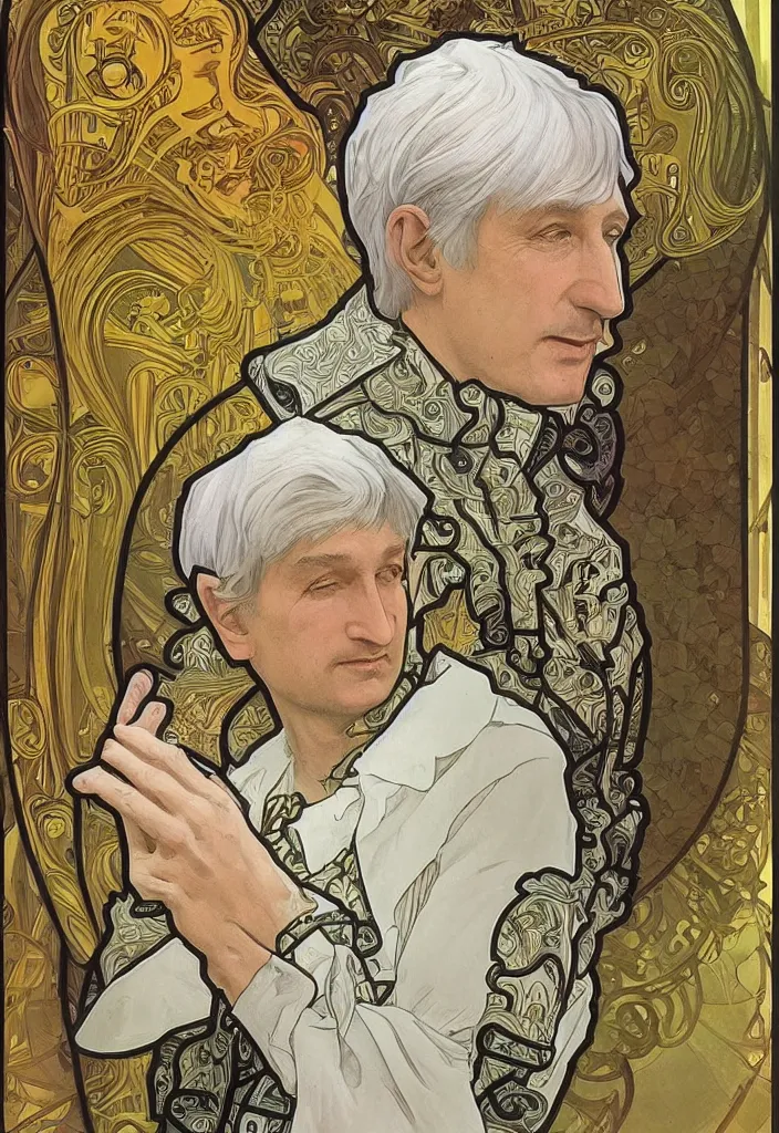 Prompt: realistic white - haired geoffrey hinton in a crown with neural networks on a tarot card, tarot in art style by alphonse mucha