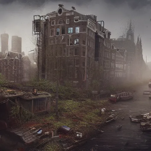 Prompt: Amsterdam in a post-apocalyptic setting, overgrown, hyperdetailed, artstation, cgsociety, 8k