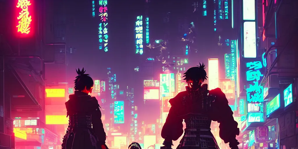 Image similar to digital illustration closeup of cyberpunk samurai in city street at night by makoto shinkai, ilya kuvshinov, lois van baarle, rossdraws, basquiat | afrofuturism, in the style of hearthstone, trending on artstation | cool color scheme