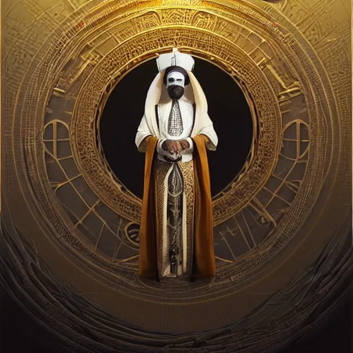 Image similar to symmetry!! an african moor wearing white robes and turban entering the voidspace. ornate, golden, steampunk stargate. front game card. marvel comics. dark. intricate. highly detailed. smooth. artstation. digital illustration by ruan jia, mandy jurgens, artgerm, wayne barlowe, greg rutkowski, and zdislaw beksinsk.