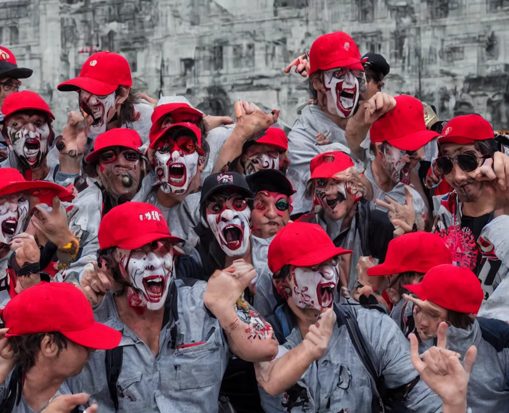 Image similar to a group of angry clowns wearing red trucker hats with logos attacking a government building