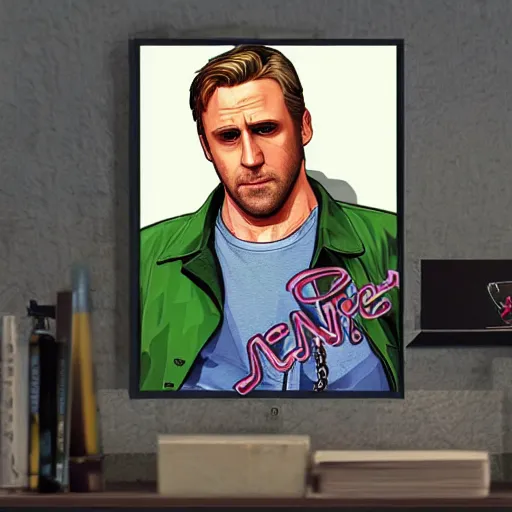 Image similar to gta v covert art by stephen bliss of ryan gosling