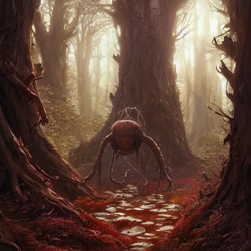 Image similar to highly detailed creepy forest humanoide creature, stephen bliss, unreal engine, fantasy art by greg rutkowski, loish, rhads, ferdinand knab, makoto shinkai and lois van baarle, ilya kuvshinov, rossdraws, tom bagshaw, global illumination, radiant light, detailed and intricate environment