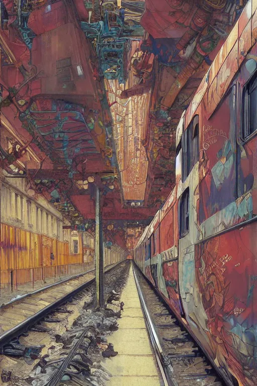 Image similar to trains covered in dripping graffiti paint, by lawrence alma tadema and zdzislaw beksinski and norman rockwell and jack kirby and tom lovell and greg staples and hiroshi yoshid and moebius and loish and artgerm, painterly, symmetrical, ultra detailed, hyper realistic, illustration, sunset lighting