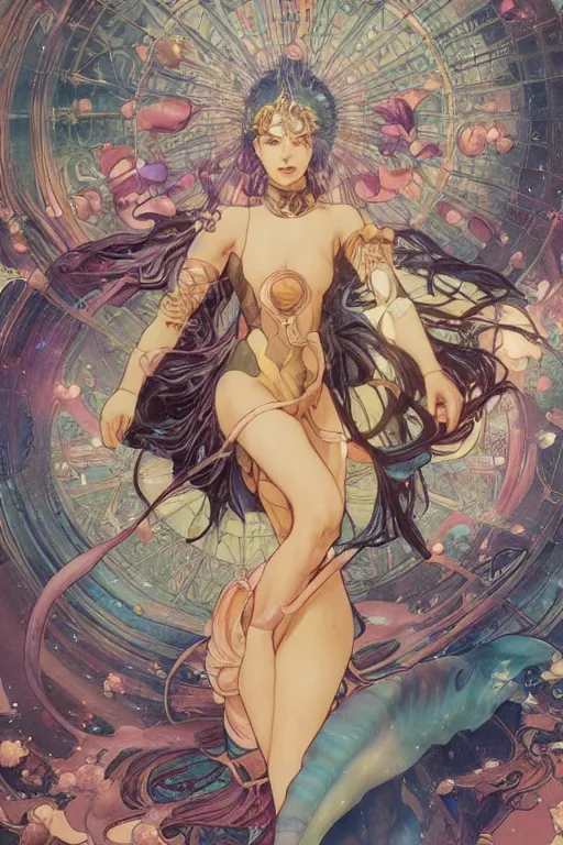 Image similar to swimming through time, by artgerm and yoshitaka amano and moebius and alphonse mucha, hyperdetailed, dc comics, ornate, nebula, explosions in the sky, trending on artstation