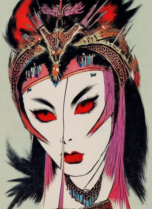 Image similar to junoesque female korean vampiress, jeweled headdress, heavy mascara, strong line, saturated color, beautiful! coherent! by frank frazetta, high contrast, minimalism