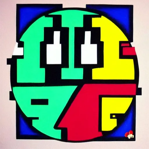 Prompt: a painting of pac - man!! being chased by 4 ghosts art by mondrian