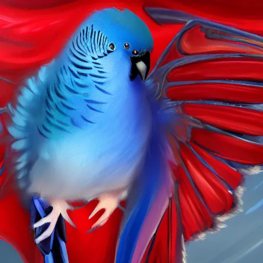 Image similar to an oil painting of a blue budgie with red dragon wings, hd, hdr, ue 5, ue 6, unreal engine 5, cinematic 4 k wallpaper, 8 k, ultra detailed, high resolution, artstation, award winning