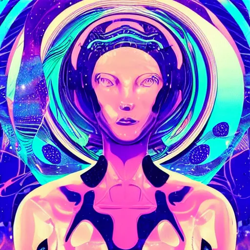 Image similar to elegant smooth female droid bathing in ocean waves of glossy liquid stardust flowing like psychedelic plasma, lsd waves, lsd ripples, backlit, dramatic, refracted lighting, art nouveau, ghost in the shell