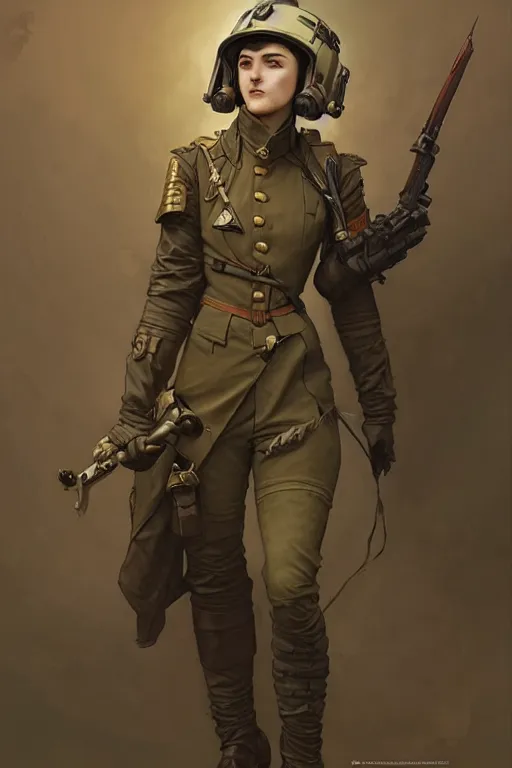 Image similar to female dieselpunk soldier character, helmet, shoulders, chest, portrait, armored, illustrations by alfons maria mucha and craig mullins and loish and rossdraws and artgerm and sargent