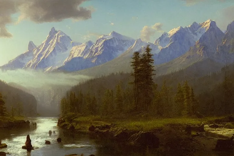 Prompt: an epic landscape painting of the three sisters mountains in canada, with snow on its peak, at sunrise in springtime, with a small river in the foreground, painted by albert bierstadt, atmospheric, volumetric lighting, rolling fog, breathtaking, highly detailed