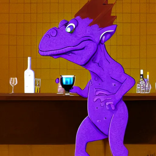 Image similar to barney the purple dinosaur from kids show drinking whisky at a bar and smoking a cigar, portrait art, digital art, trending on artstation