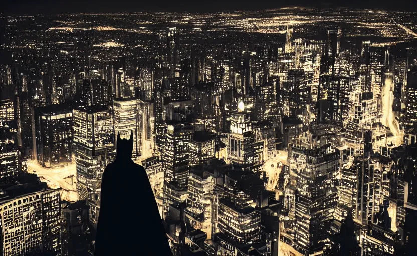 Image similar to Batman overlooking Gotham City at night, cinematic, professional photography