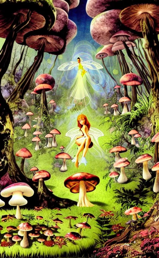 Prompt: fairies, enchanted forest, mushrooms on the ground, psychedelic, wide angle shot, white background, vector art, illustration by frank frazetta and salvador dali