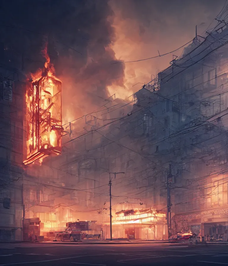 Image similar to a beautiful hyperrealistic detailed 3D render of a burning hospital with a neon sign, by Anton Otto Fischer, Atey Ghailan, genzoman, unreal engine, octane render, gigantic, 3D, brilliantly coloured, intricate, ultra wide angle, trending on artstation, embers, smoke, dust, dusk, volumetric lighting, HDR, polished, micro details, ray tracing, 8k