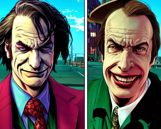 Image similar to portrait of saul goodman as the joker, gta loading screen, art by makoto shinkai and peter elson, bernie wrightson