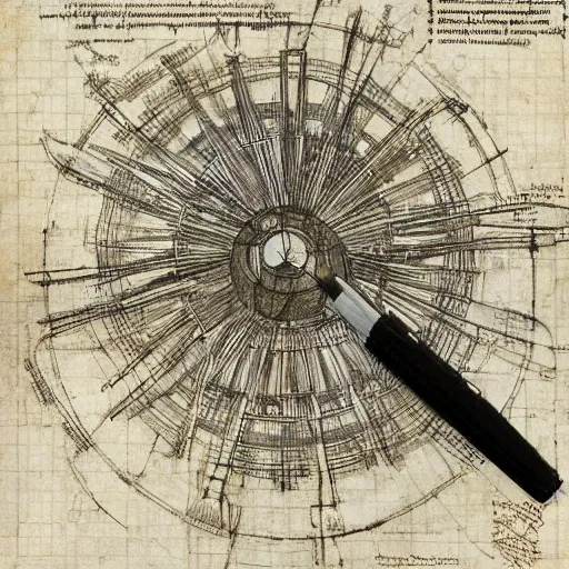 Image similar to leonardo da vinci color intricate full page scan blueprint of an environmental turbine machine, on paper, black ball pen style, :: ultra-detailed technical precision :: mixed media with white and silver lines, realistic composition, point of interest at golden ratio, light from right, more darkness on the bottom, monumentally art composition, high quality of sketching with subtle hairlines, highly detailed rounded forms, inside out and outside in, octane render