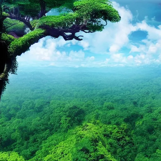 Prompt: an endless plain of blue flowers, a distant rainforest, gigantic trees in the style of avatar, h 7 0 4