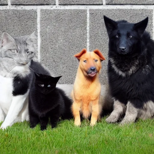 Prompt: a yellow shepherd mixed dog, sitting next to a russian blue cat sitting next to a black and white cow cat