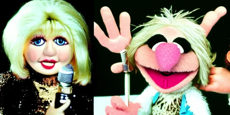 Image similar to Photoreal Cinematography of a photorealistic muppet version of Debbie Harry hosting The Muppet show with actor Steve Martin