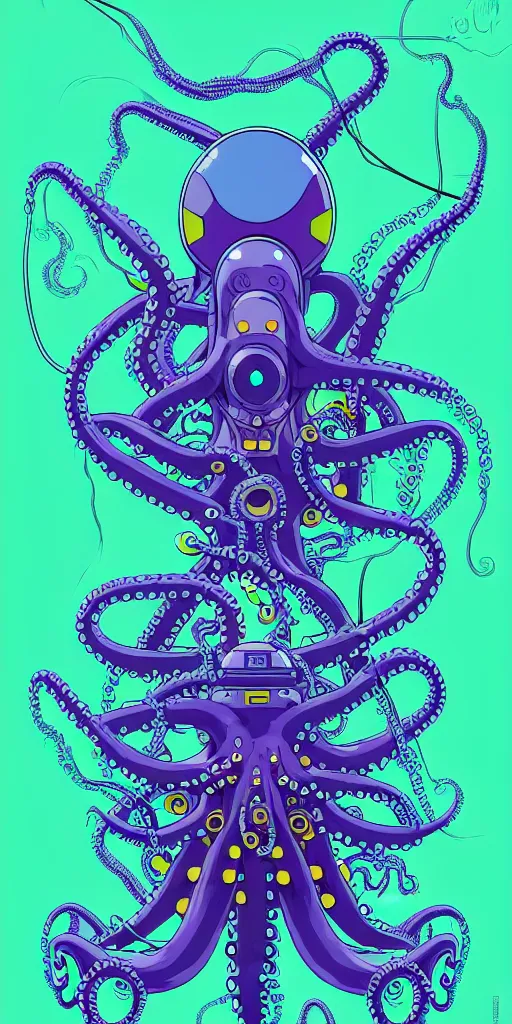 Image similar to robotic cyberpunk octopus by miyazaki, blue green purple color palette, symmetrical poster illustration, kenneth blom, mental alchemy, james jean, pablo amaringo, naudline pierre, contemporary art, hyper detailed