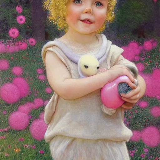 Image similar to a beautiful [[[smiling]]] little blonde toddler girl with short loosely curly hair, at the park on a beautiful day, holding a round all-pink stuffed penguin, by Artgerm, Mucha Klimt, Hiroshi Yoshida and Craig Mullins, featured on Artstation, CGSociety, Behance HD, Deviantart