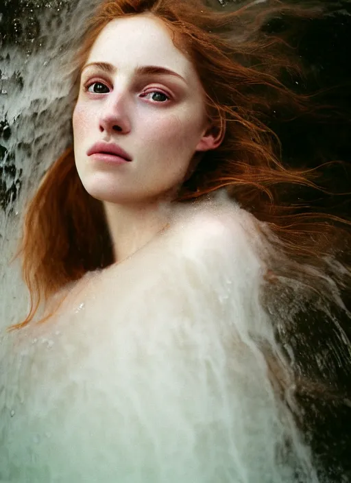 Image similar to Kodak Portra 400, 8K, soft light, volumetric lighting, highly detailed, britt marling style 3/4 ,portrait photo Close-up portrait photography of a beautiful woman how pre-Raphaelites, the face emerges from Pamukkale, thermal waters flowing down white travertine terraces, inspired by Ophelia paint ,and hair are intricate with highly detailed realistic beautiful flowers , Realistic, Refined, Highly Detailed, interstellar outdoor soft pastel lighting colors scheme, outdoor fine art photography, Hyper realistic, photo realistic