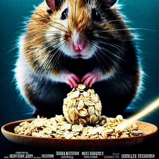 Image similar to an epic movie poster of a movie where a homeless hamster eats so much oatmeal he becomes obese