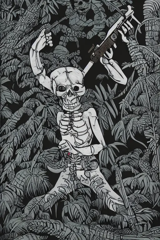 Image similar to a ninja sneaking around in the jungle surrounded by skeletons with ak - 4 7 artwork by eko nugroho