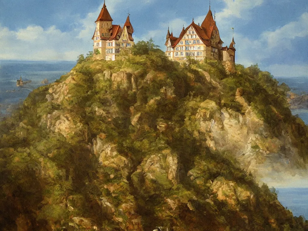 Prompt: a painting of a german castle on the cliff