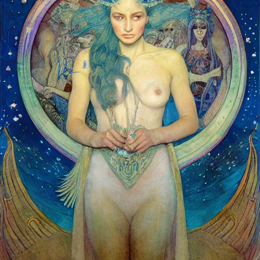 Image similar to queen of the moon with stars in her hair, by annie swynnerton and donato giancola and diego rivera and nicholas roerich and jean delville and charlie bowater and dulac, dramatic lighting, god rays, geometric tattoos, rich colors, smooth sharp focus, extremely detailed, leo and diane dillon, adolf wolfli