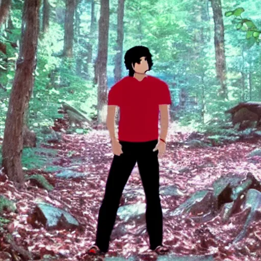 Prompt: a still of a 90s OVA of a man with black hair wearing a red shirt in a forest