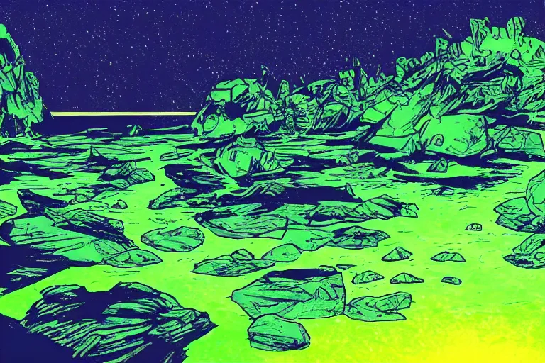 Prompt: glowing green rocks, toxic sludge, like where the hulk would live, landscape, comic book art style