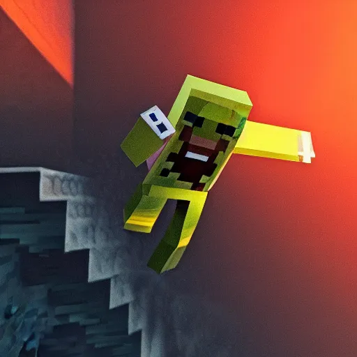 Image similar to Steve from Minecraft, Steve is falling into a terrifying dark abyss, dramatic lighting, dramatic angle