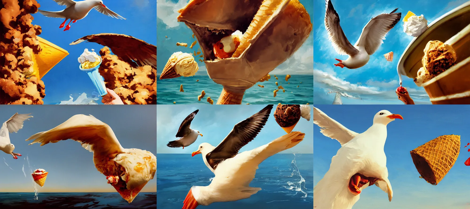 Prompt: incredible screenshot of a sea gull attacking an ice cream, dynamic camera angle, deep 3 point perspective, fish eye, dynamic extreme foreshortening of the icecream in a cone, by phil hale, ashley wood, geoff darrow, james jean, 8k, hd, high resolution print