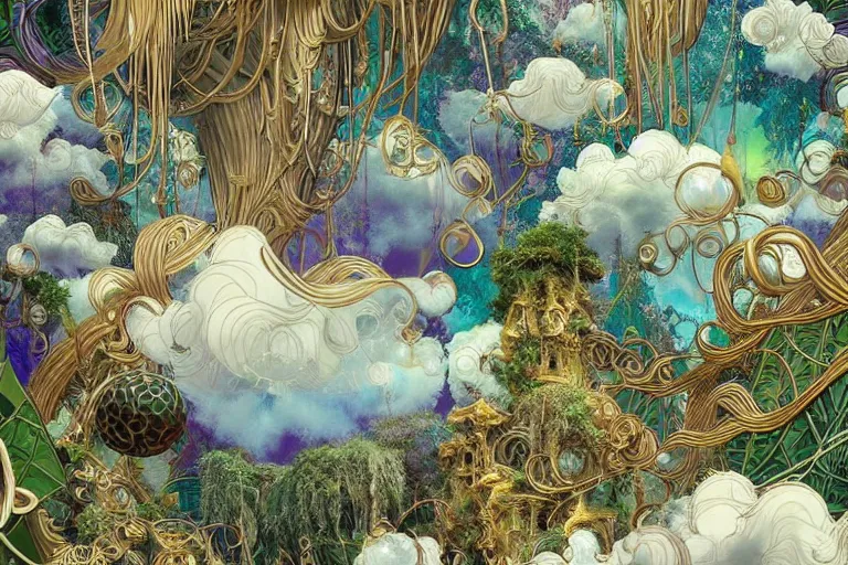 Image similar to simplicity, a huge flock of many ornate mottled puffy filigreed clouds tangled into large whirling ultra detailed crystal specimens, art nouveau jungle environment, playful, award winning art, epic dreamlike fantasy landscape, ultra realistic,