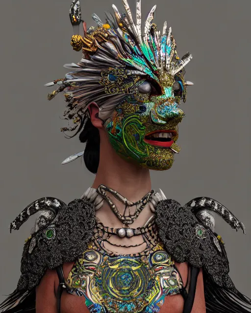 Image similar to 3 d warrior goddess medium shot portrait. beautiful hyperrealistic intricate highly detailed magpie helm and richly embroidered blouse, quetzalcoatl, bioluminescent, curious, kintsugi, plasma, lava, ice, feather, artwork by tooth wu and wlop and chiara bautista, octane 3 d render